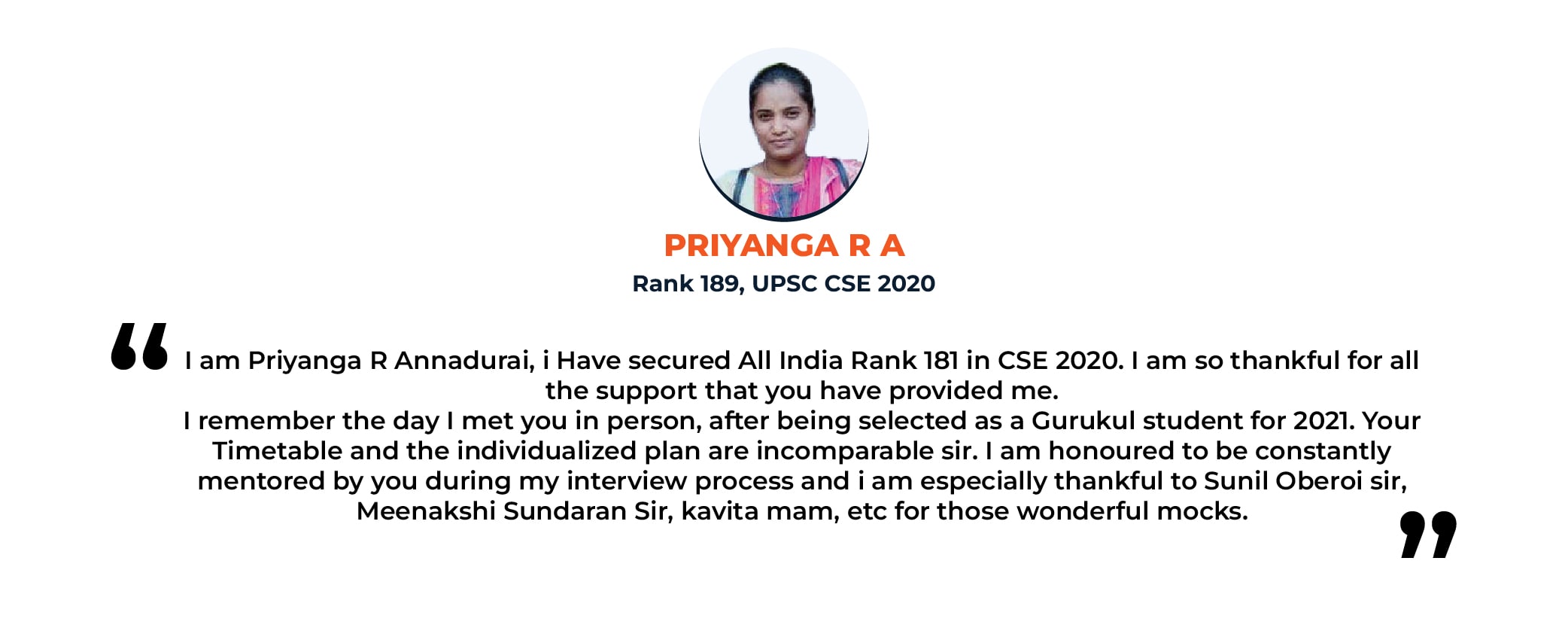 Gurukul Foundation Testimonials - Priyanga RA - Rank 189