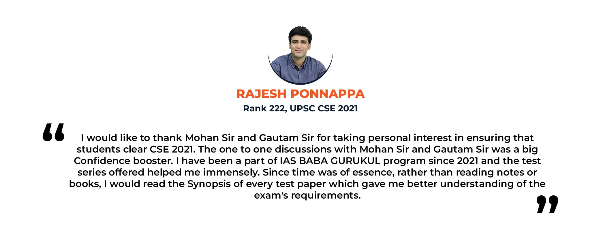 Gurukul Foundation Testimonials - Rajesh Ponnappa - Rank 222